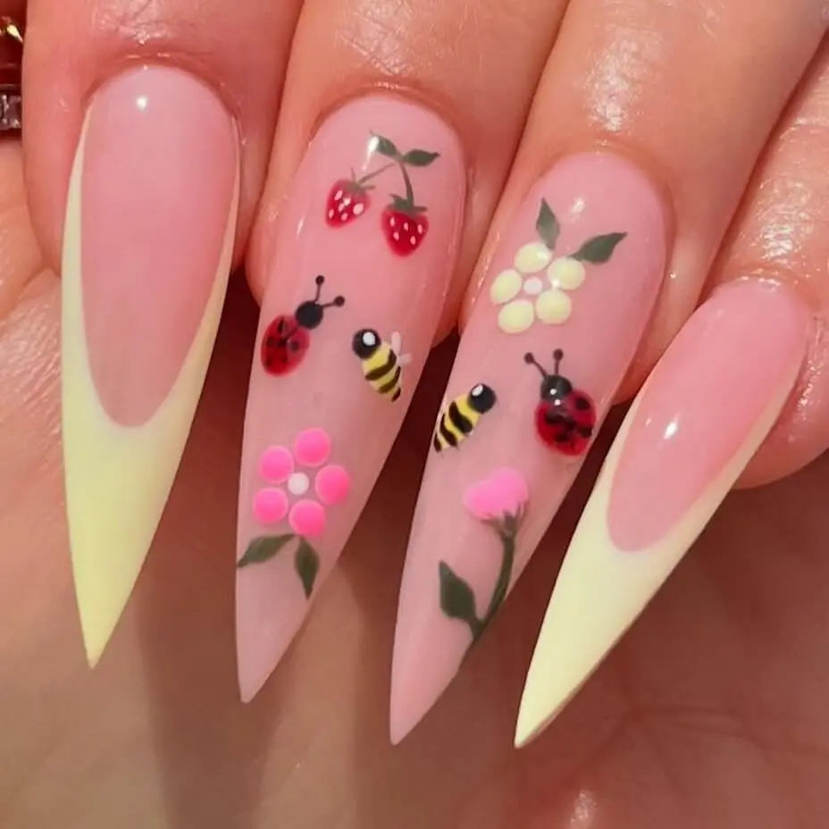 Nailhour 24Pcs French Long Stiletto Wild Strawberries Press On Nails