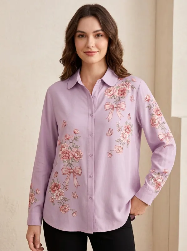 Women's Breast Cancer Awareness Floral Bow Printed Button-up Shirt