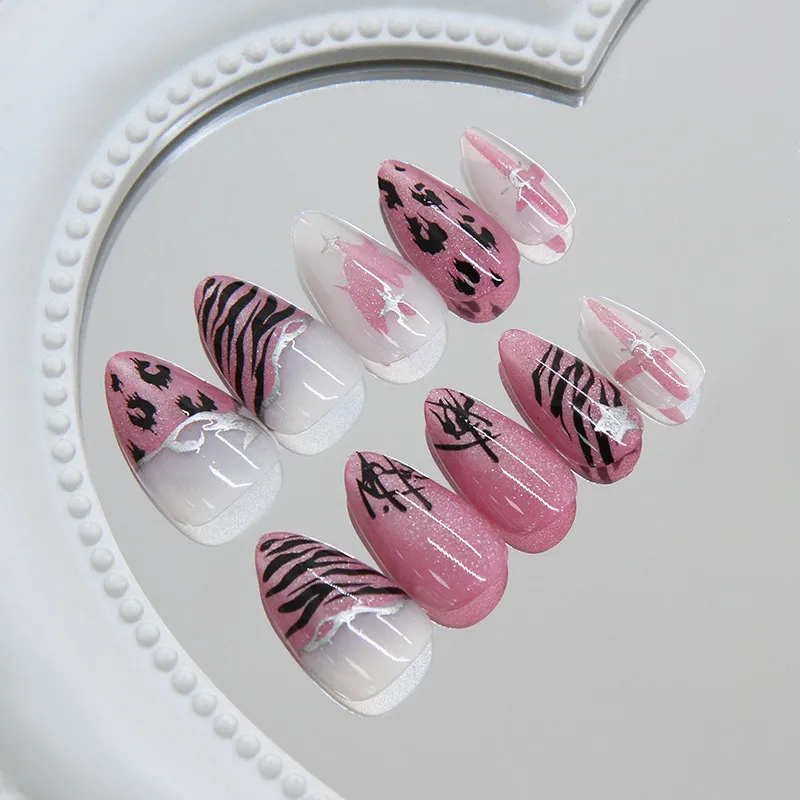 Nailhour 30Pcs Pink Gradient Cat Eye Medium Almond Press On Nails