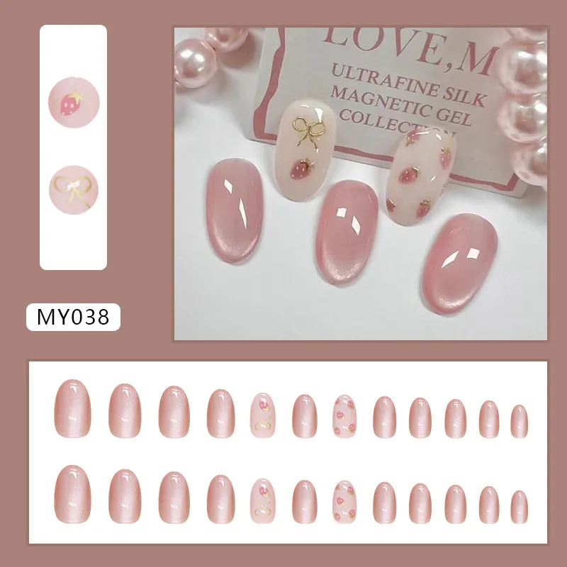 Nailhour Oval Strawberry 24Pcs Cute Short Cat Eye Press On Nails