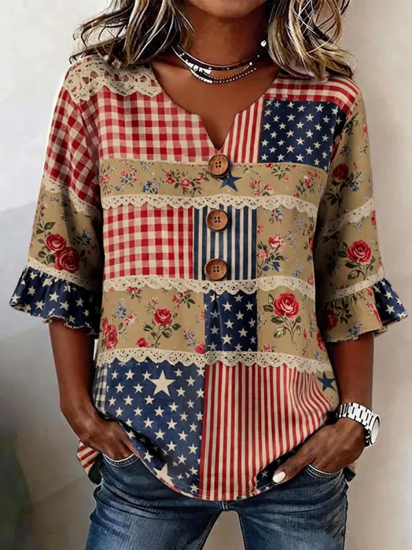 Women's casual patriotic printed top