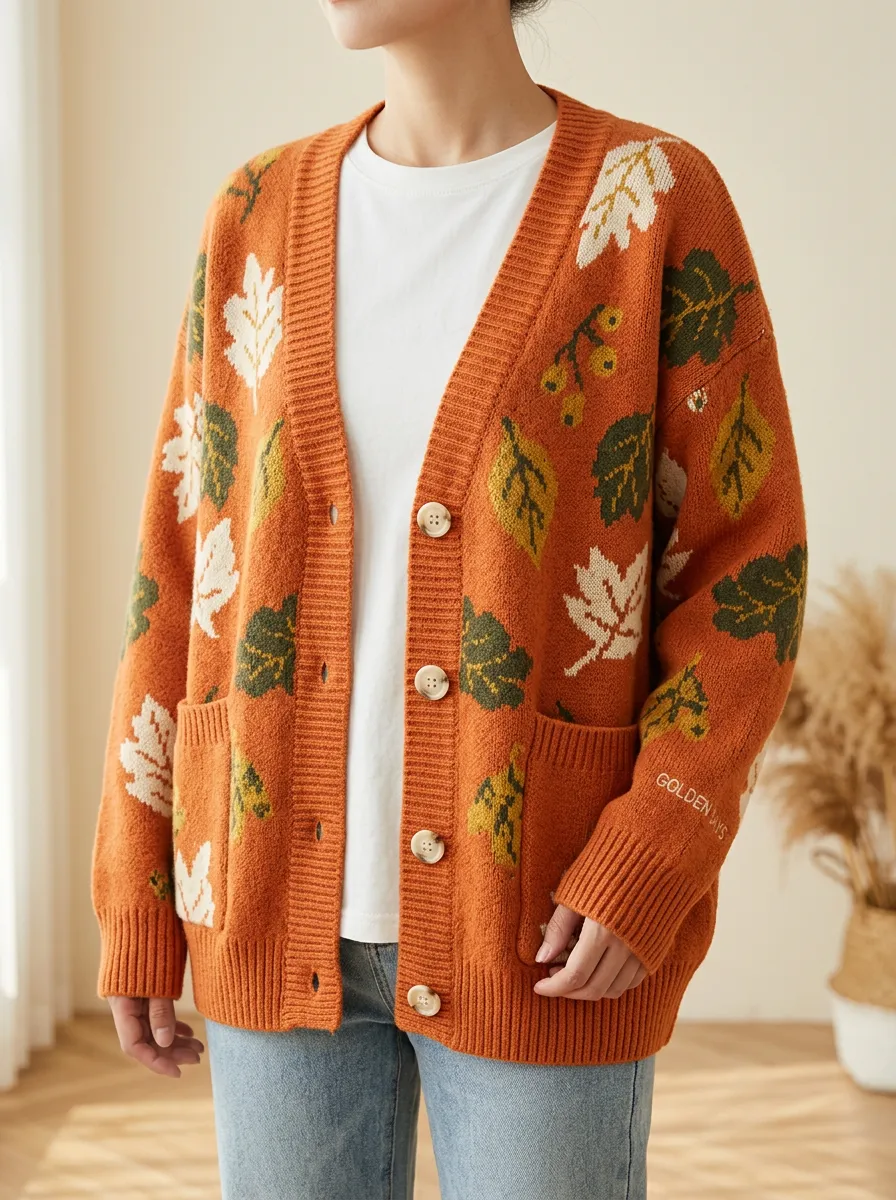 Whimsical Maple Leaf Pattern Patterned Women's Knit Cardigan