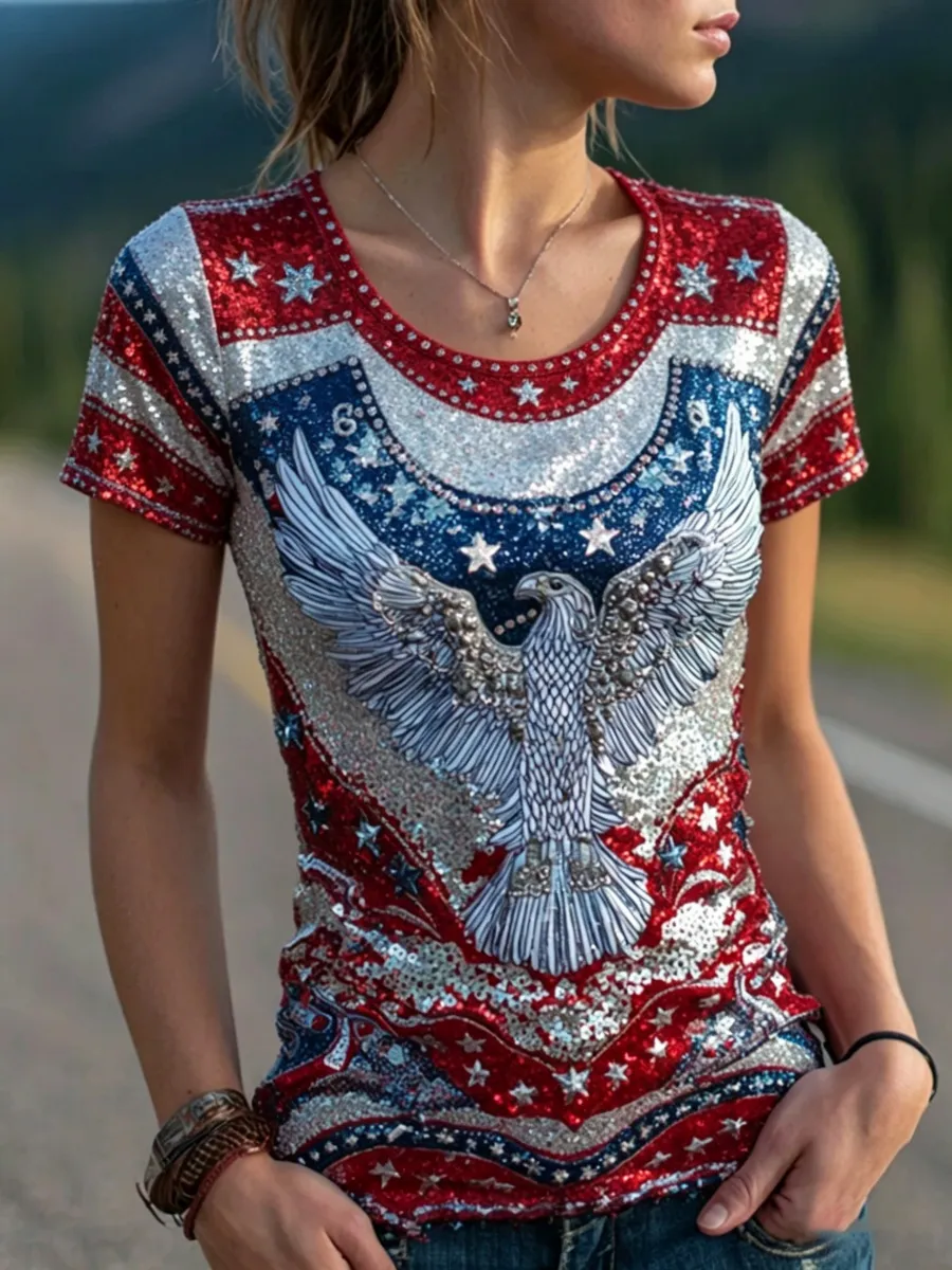 Women's Retro Independence Day Eagle Print T Shirt
