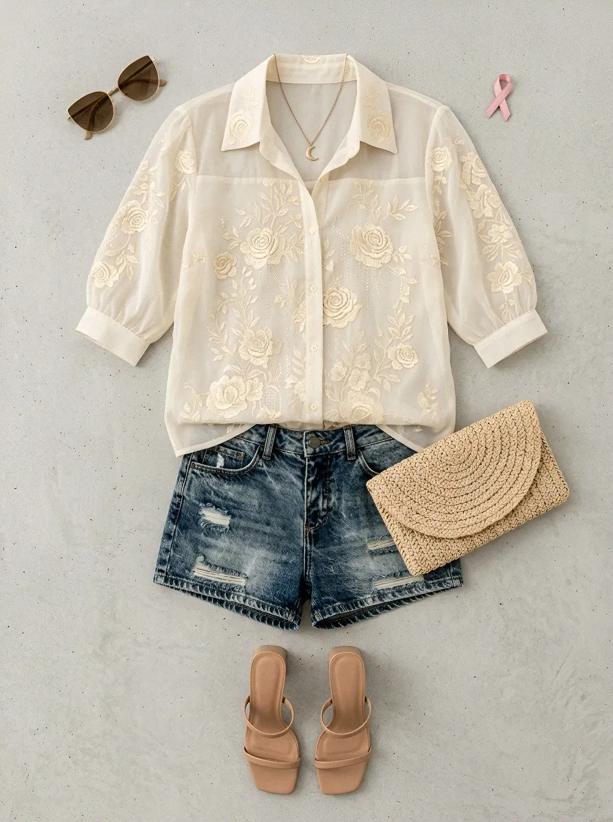 Women's Breast Cancer Awareness Rose Floral Embroidered Button-up Shirt