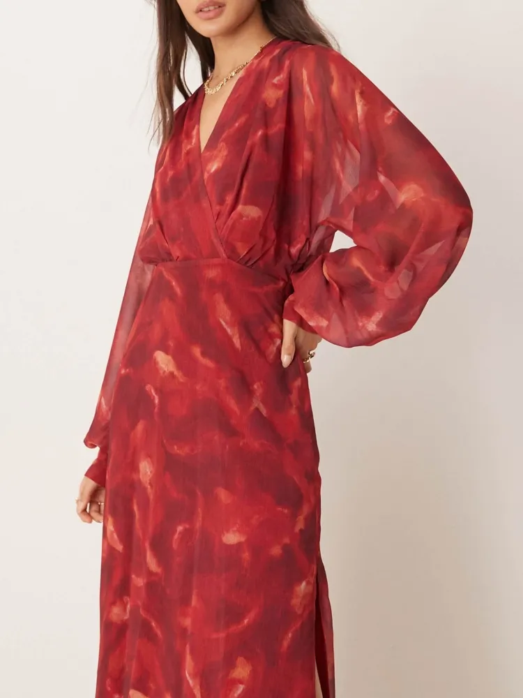 Printed Surplice Long Sleeve Dress
