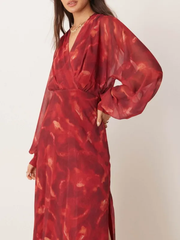 Printed Surplice Long Sleeve Dress