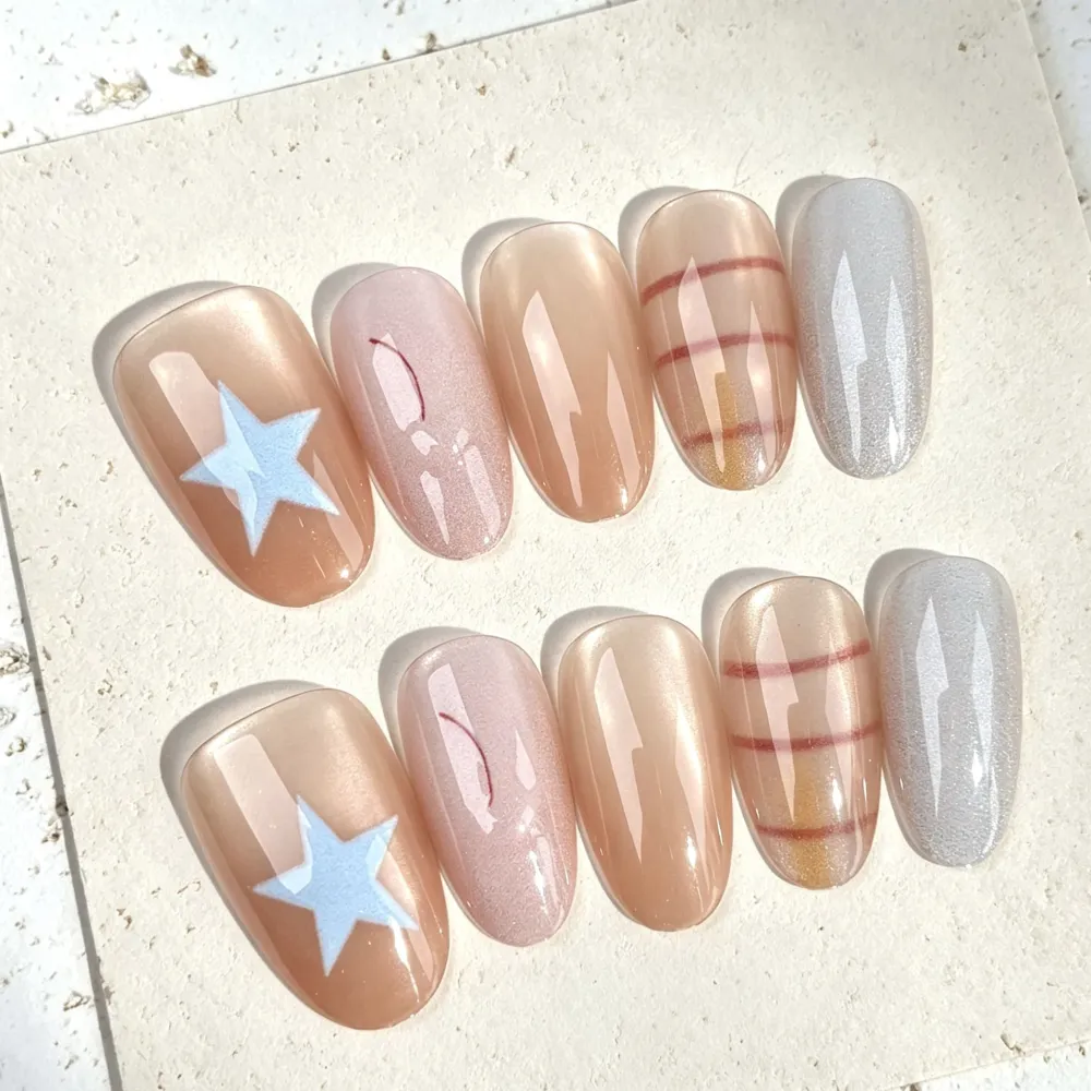 Nailhour 30Pcs 3D Nude Medium Oval Cat Eye Press On Nails