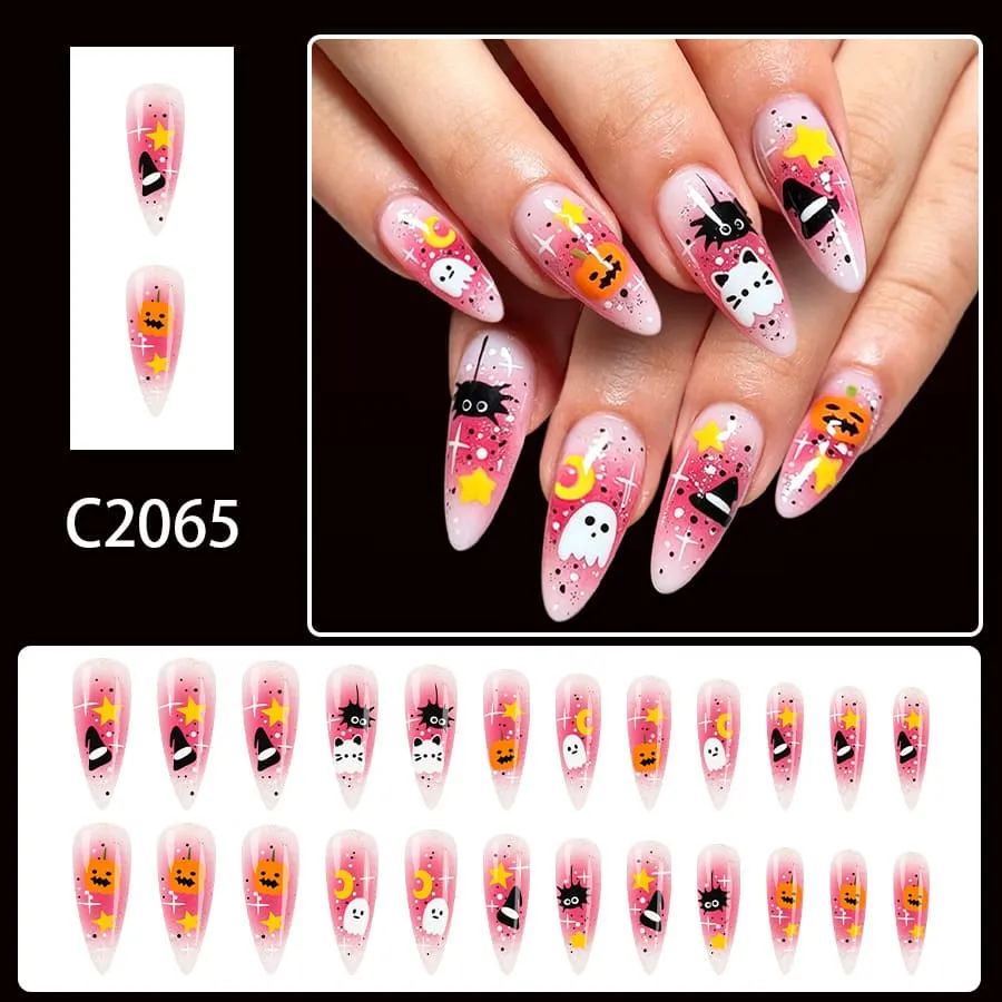 Nailhour 24Pcs Pink Halloween Cute Ghost Long Almond Press On Nails
