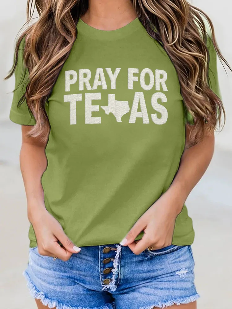 Ladies PPRY FOR TEXAS Simple Letter Print Round Neck Shirt