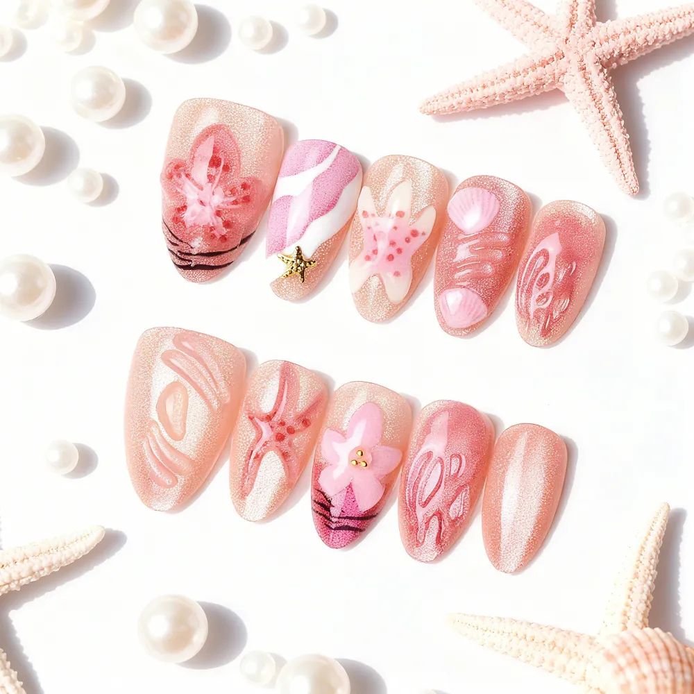 Nailhour 3D Pink Floral 30Pcs Jellyfish Press On Nails