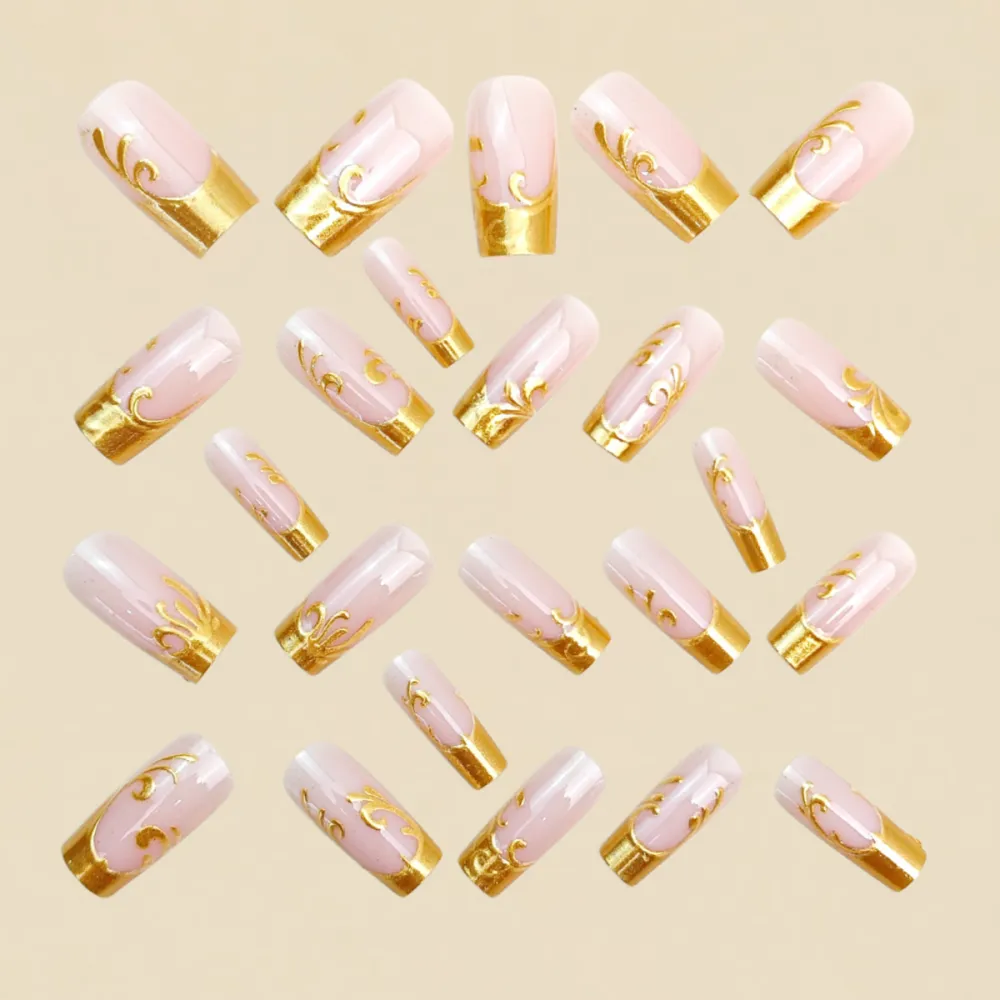 Nailhour 24pcs 3D Gold Plated Embossed French Rectangular Decals Press On Nails