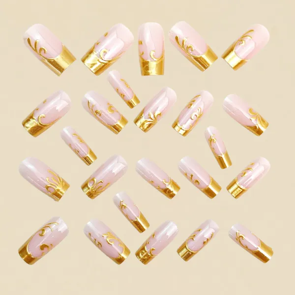 Nailhour 24pcs 3D Gold Plated Embossed French Rectangular Decals Press On Nails