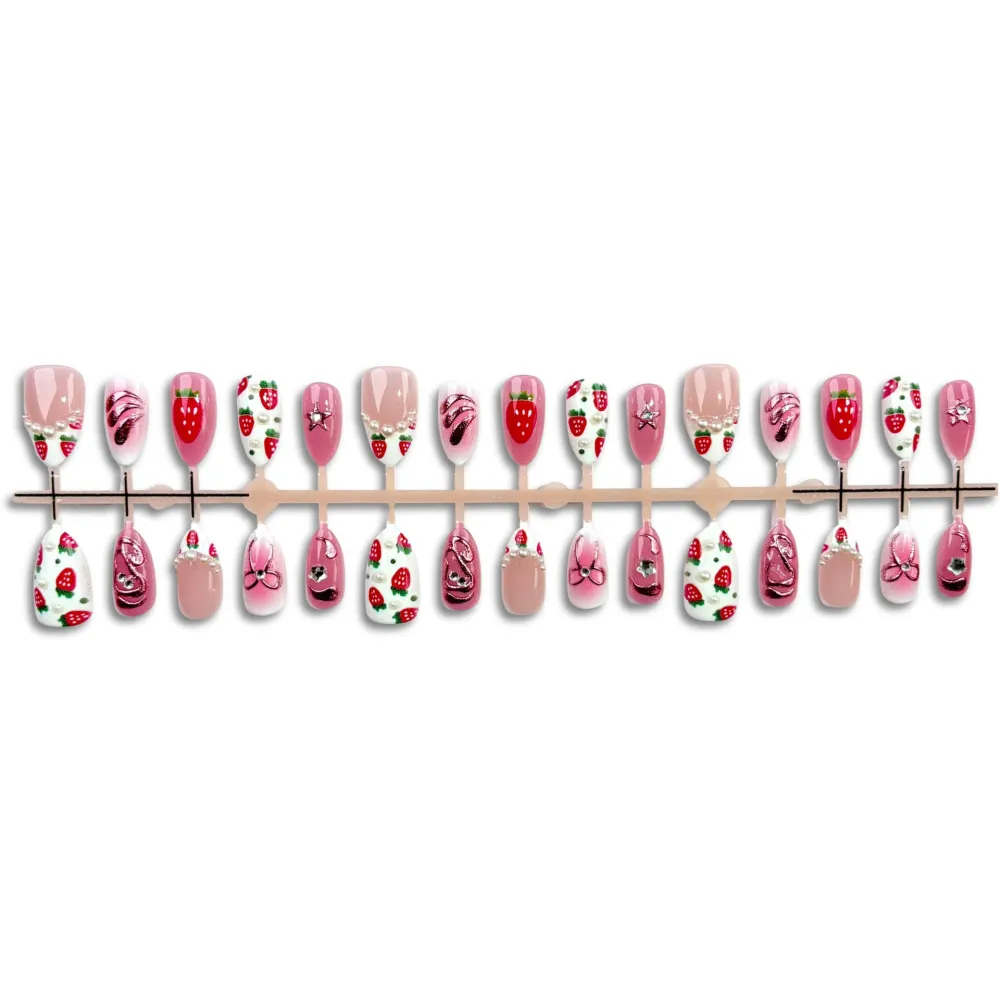 Nailhour 30Pcs Strawberry 3D Bow Medium Almond French Press On Nails