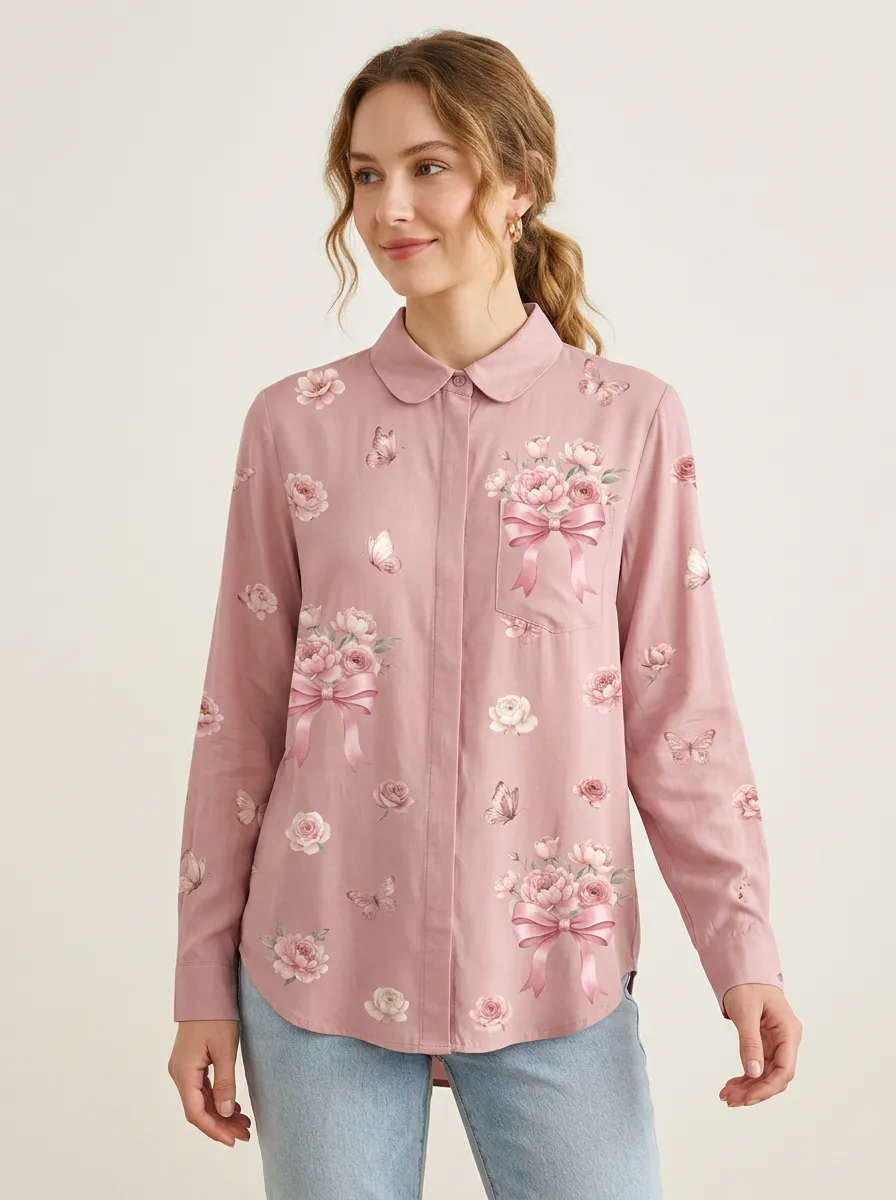 Women's Breast Cancer Awareness Floral Bow Butterfly Printed Shirt