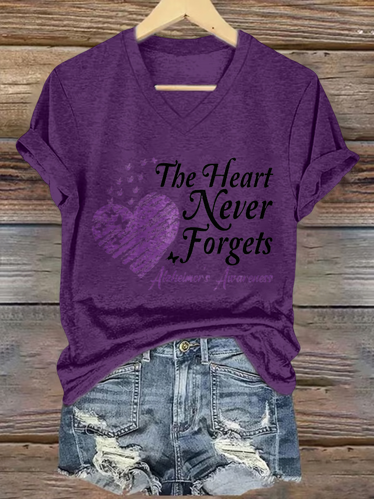 Women's  The Heart Never Forgets Alzheimer's Awereness V-Neck T-Shirt