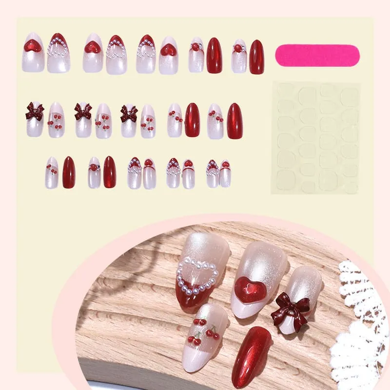 Nailhour 30Pcs Red Medium Almond 3D  Cat Eye Press On Nails