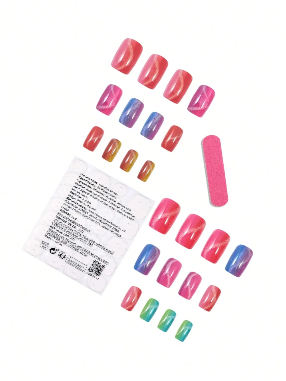 Nailhour 24pcs Rainbow Square Short Fake Nails Colorful Cat Eye Glitter Press On Nails