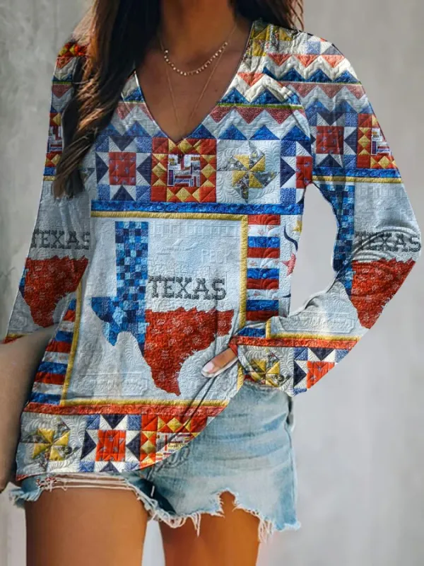 Women's Casual Vintage Texas Map Long Sleeve T-Shirt