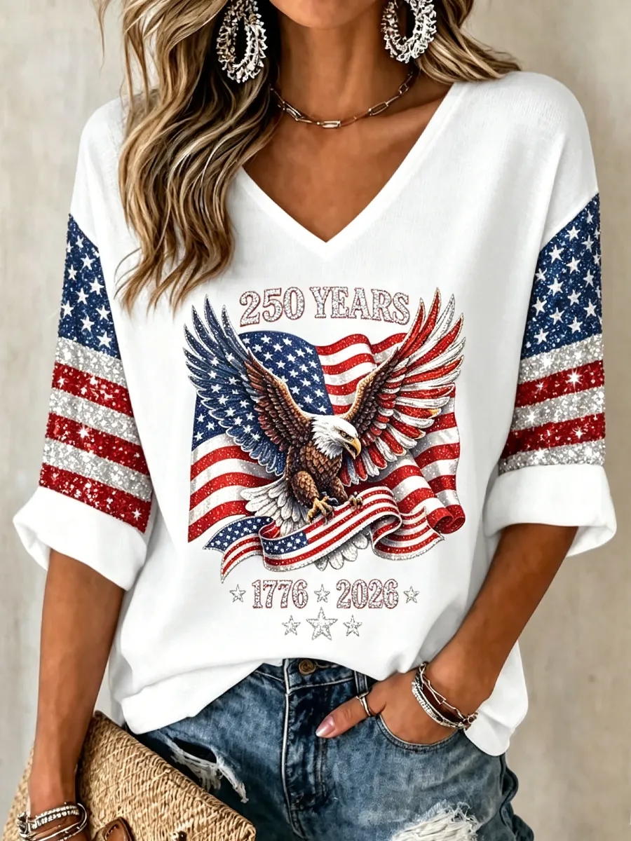 Women'S Retro Independence Day Faith Rose Pattern Casual V-Neck T-Shirt