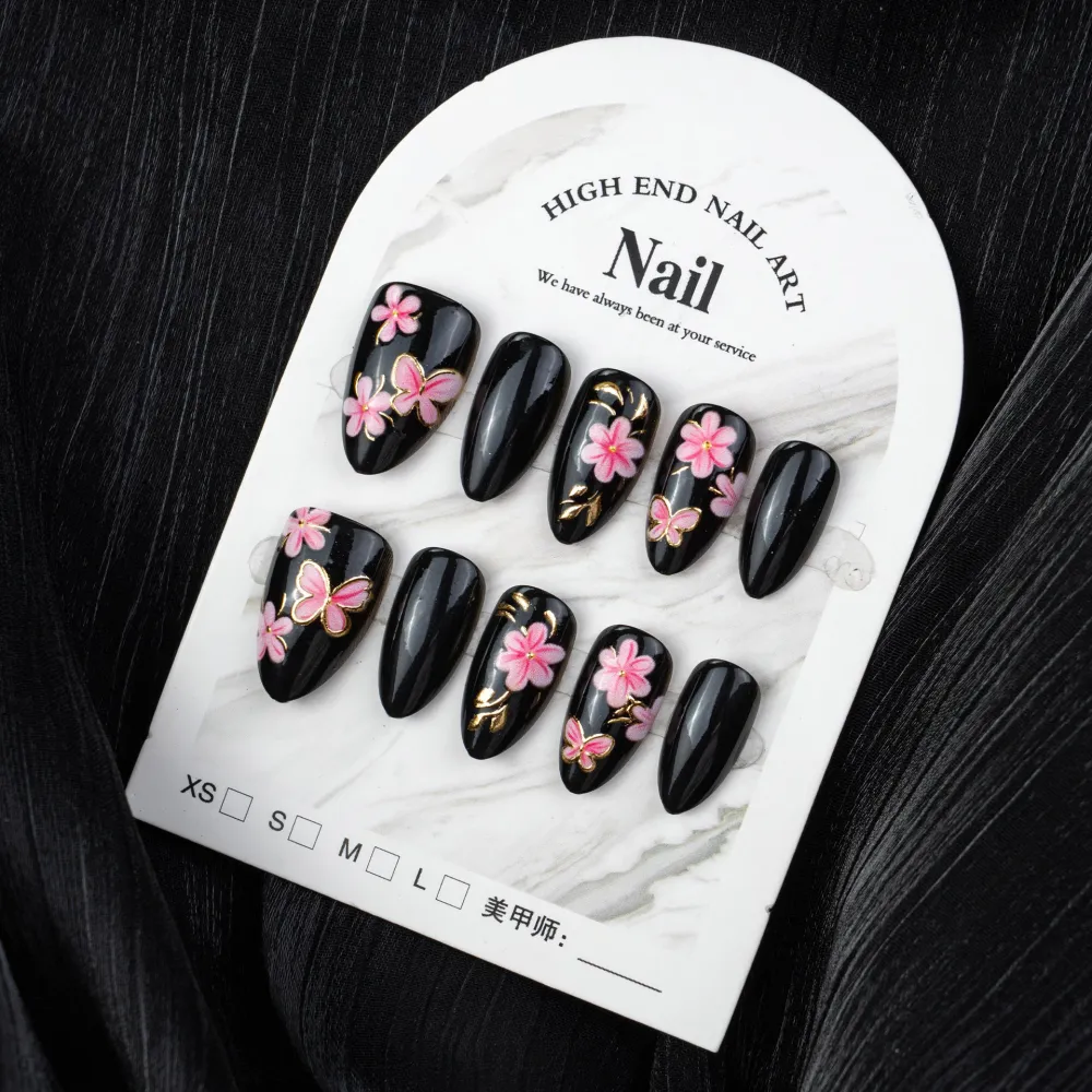 Nailhour 30Pcs Black Floral Medium Almond Press On Nails