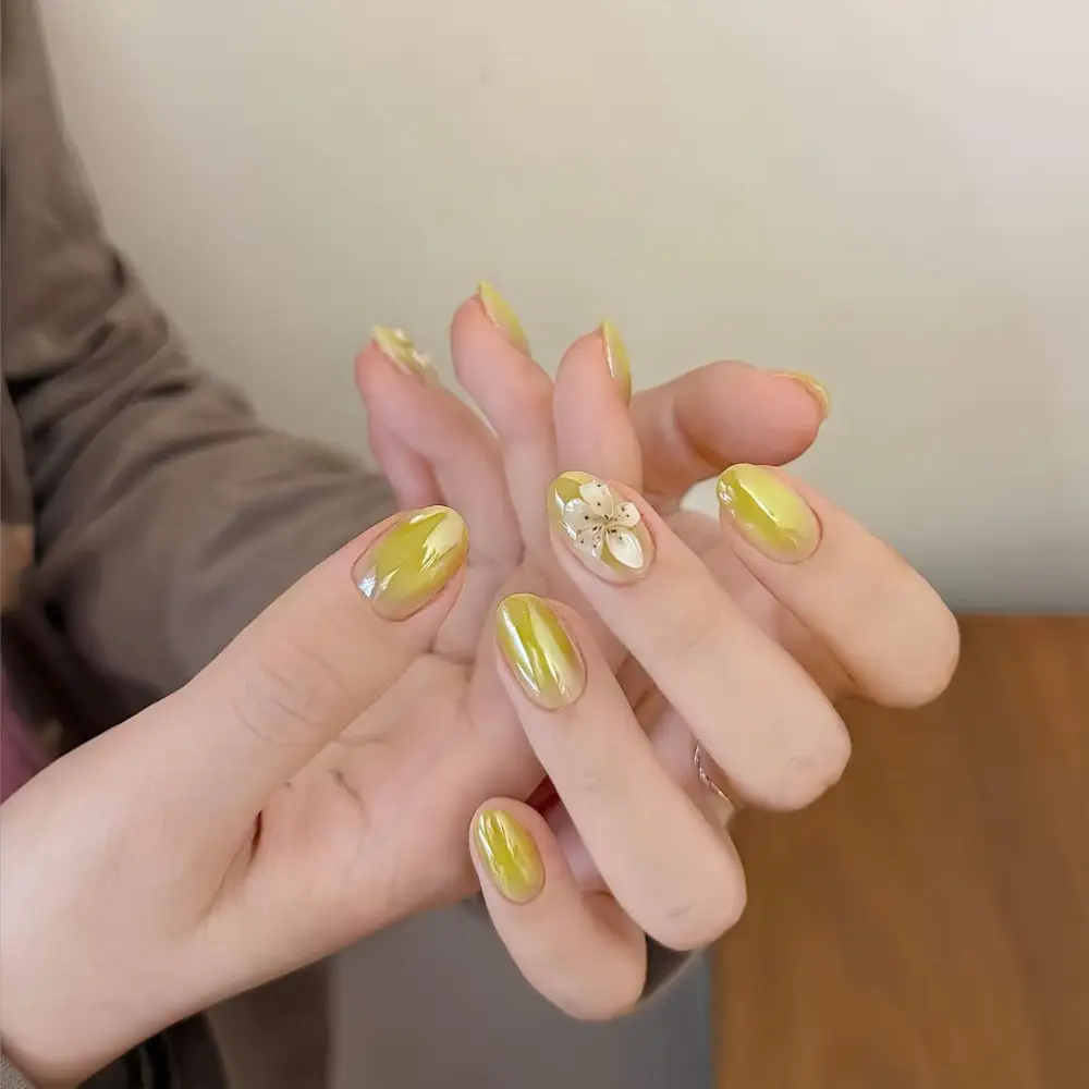 Nailhour Handmade 10Pcs 3D Floral Short Oval Press On Nails