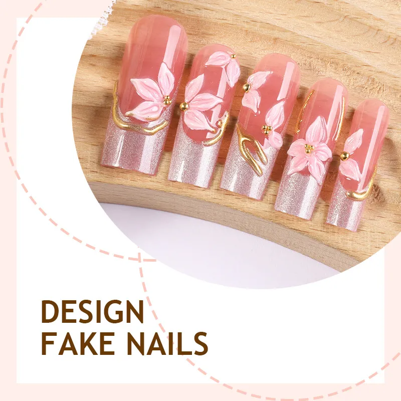 Nailhour 24Pcs Pink French Floral Medium Square Press On Nails