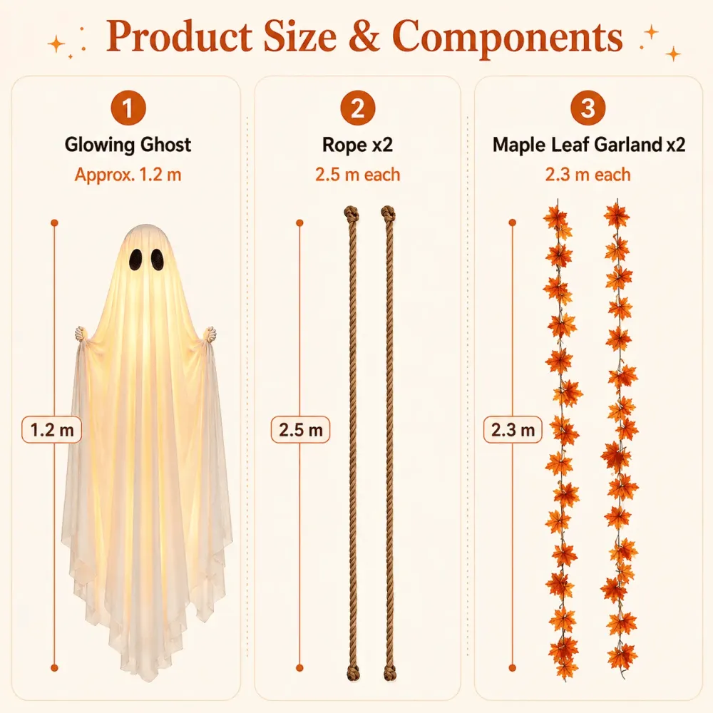 Halloween Porch/Garden Large Maple Leaf Swing Ghost Glowing Ornament