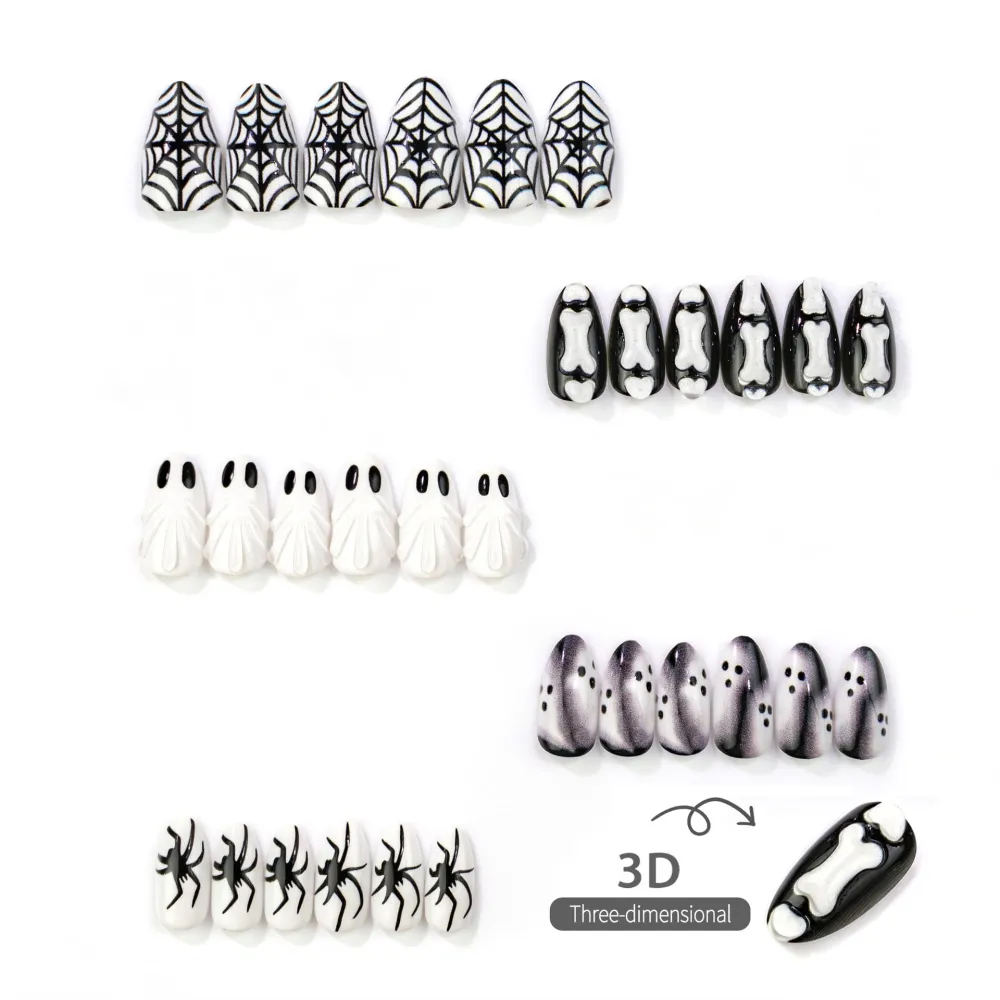 Nailhour 30Pcs Ghost Cute Halloween Short Almond Spider Web Press On Nails