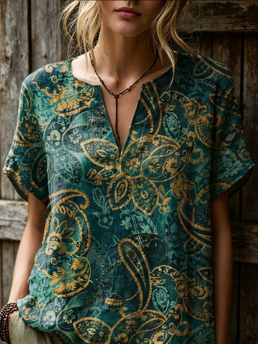 Women's Retro Floral Art Print Casual Short-sleeve V-neck Cotton Linen Shirt