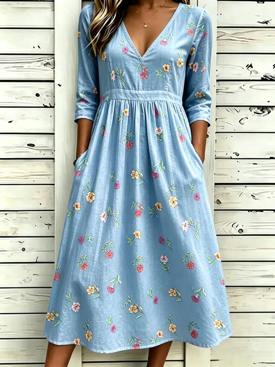 Women'S Cotton And Linen Casual Printed Dress