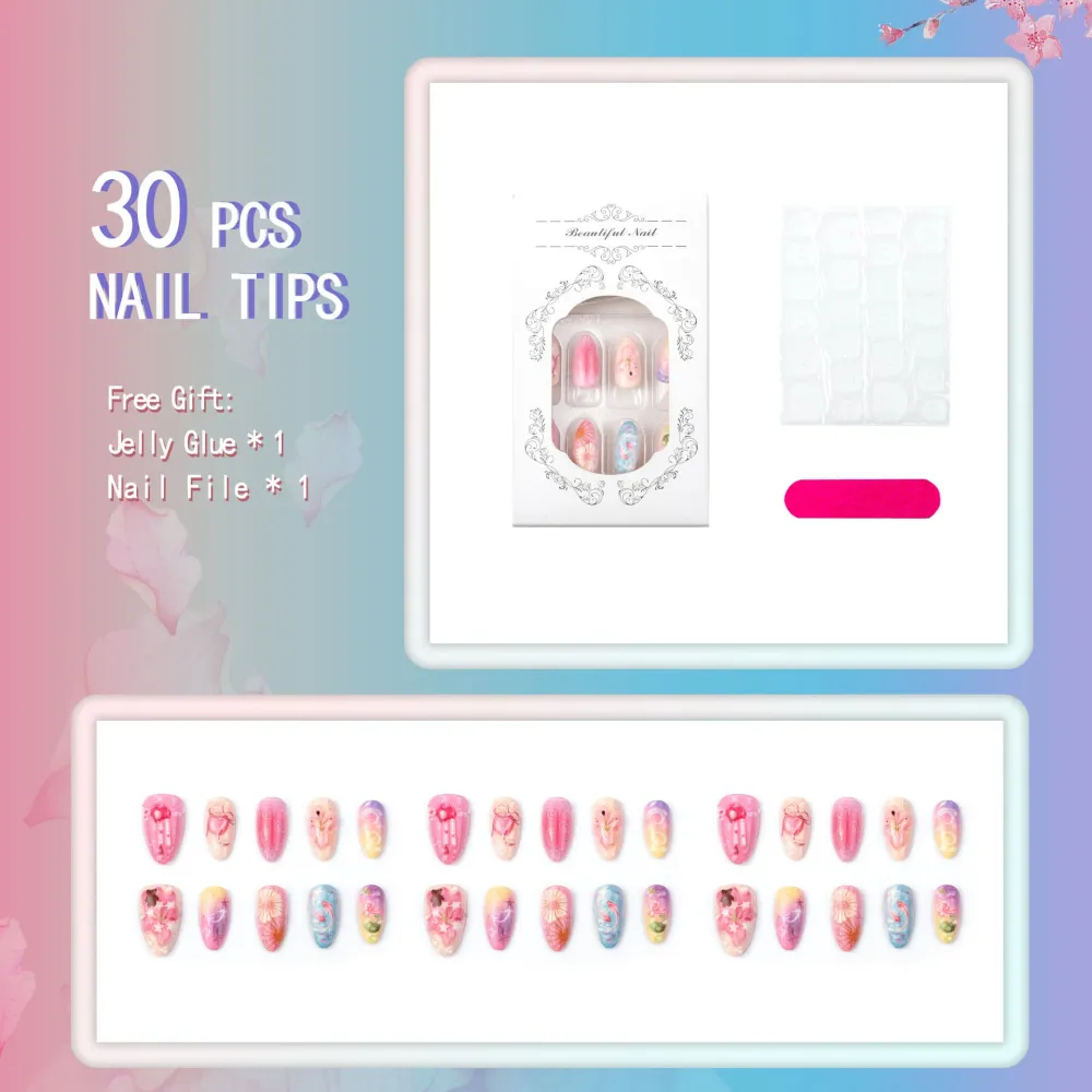 Nailhour 30Pcs Floral 3D Teddy Bear Medium Almond French Press On Nails