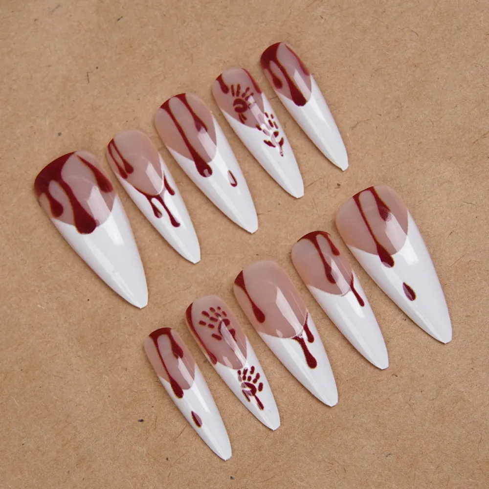 Nailhour 24Pcs French Halloween Gothic Long Almond  Press On Nails