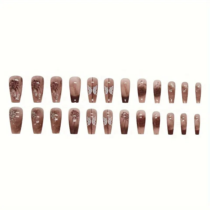 Nailhour 24Pcs Brown Vintage Glitter Medium Coffin Press On Nails