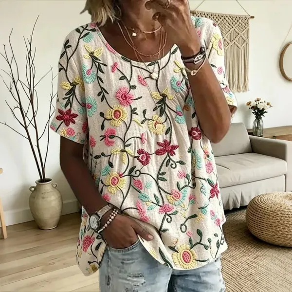 Women's Vintage Irregular Pleated Floral Design Short Sleeves Round Neck Linen Tunic Top