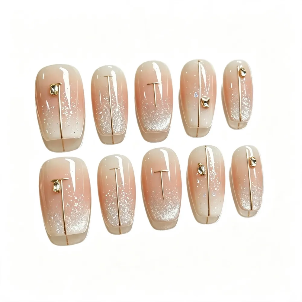 Nailhour 10Pcs Gilded Gradient Medium Square French Press On Nails