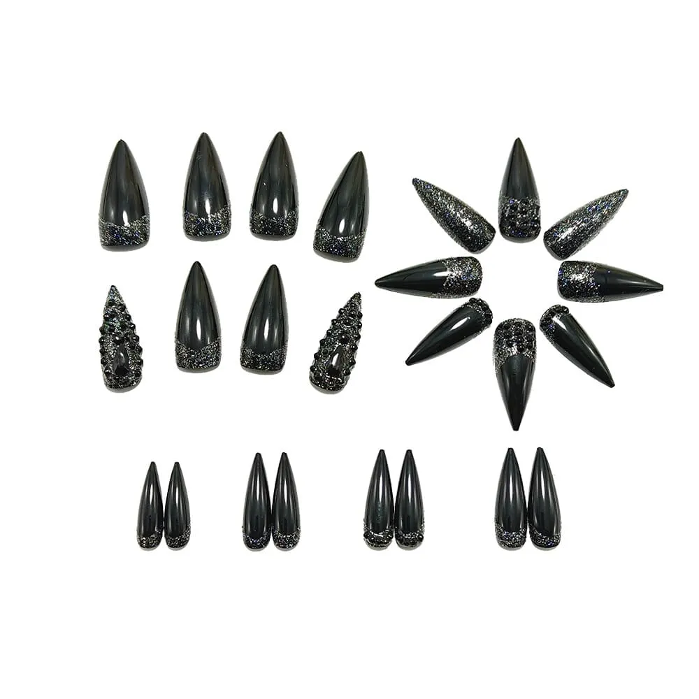 Nailhour 24Pcs Black 3D Rhinestone Gothic Medium Stiletto Press On Nails
