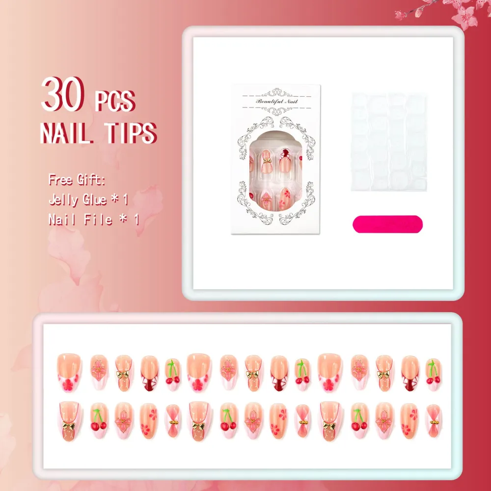 Nailhour 30Pcs Bow 3D Medium Almond French Cherry Press On Nails