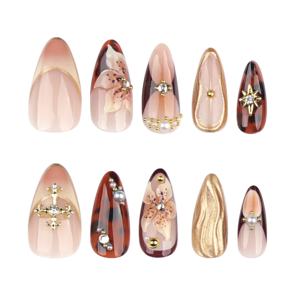 Nailhour Brown Long 3D Gilded Floral Holiday Press On Nails