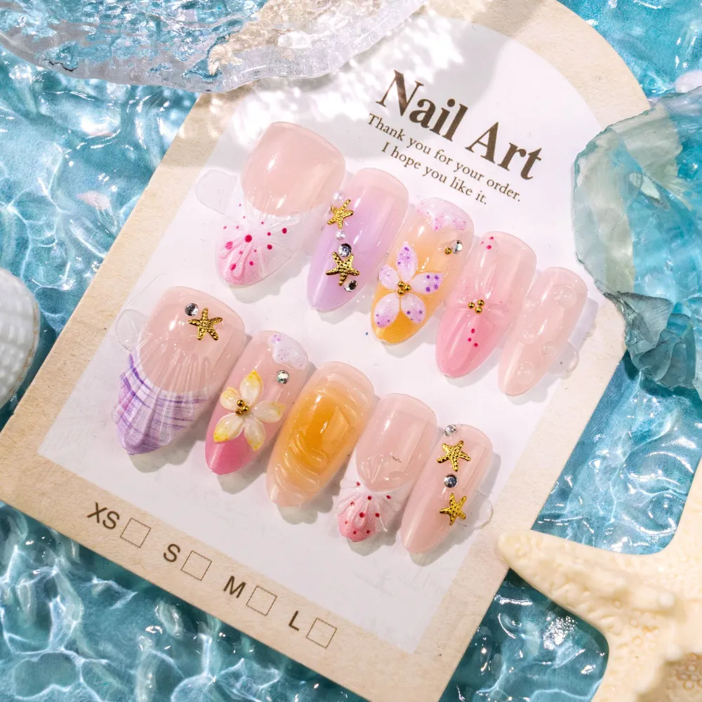 Nailhour 30Pcs Shell Gilded 3D Medium Almond French Press On Nails
