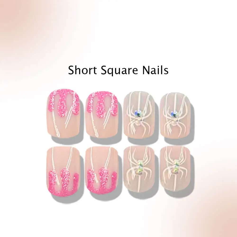 Nailhour 24Pcs Pink Halloween Chrome Short Square Press On Nails