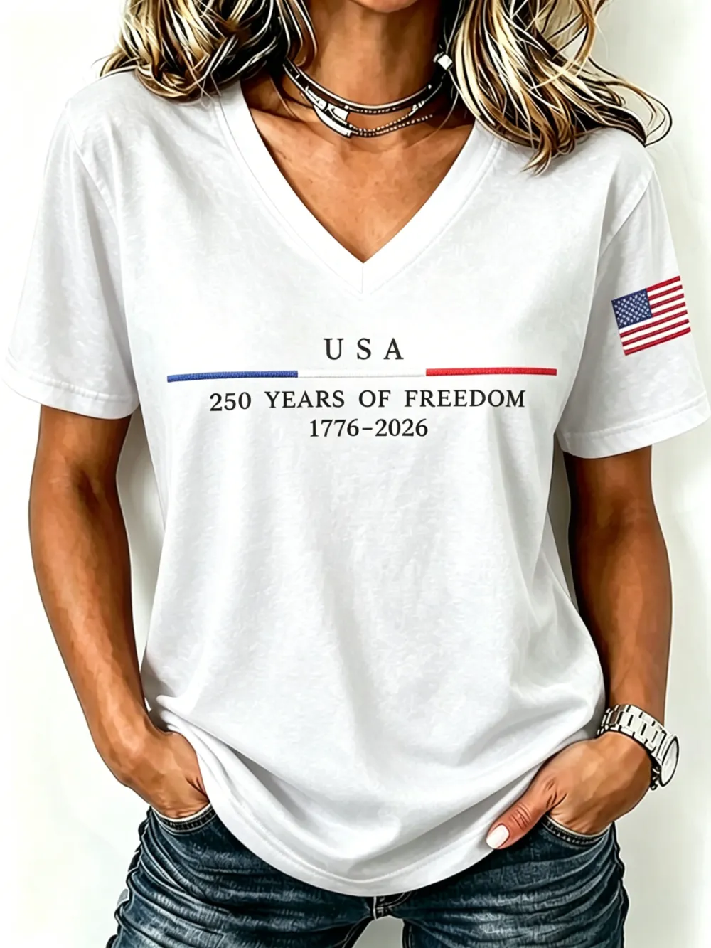 250Th Anniversary Embroidery Commemorative V-Neck Short Sleeved T-Shirt From The United States