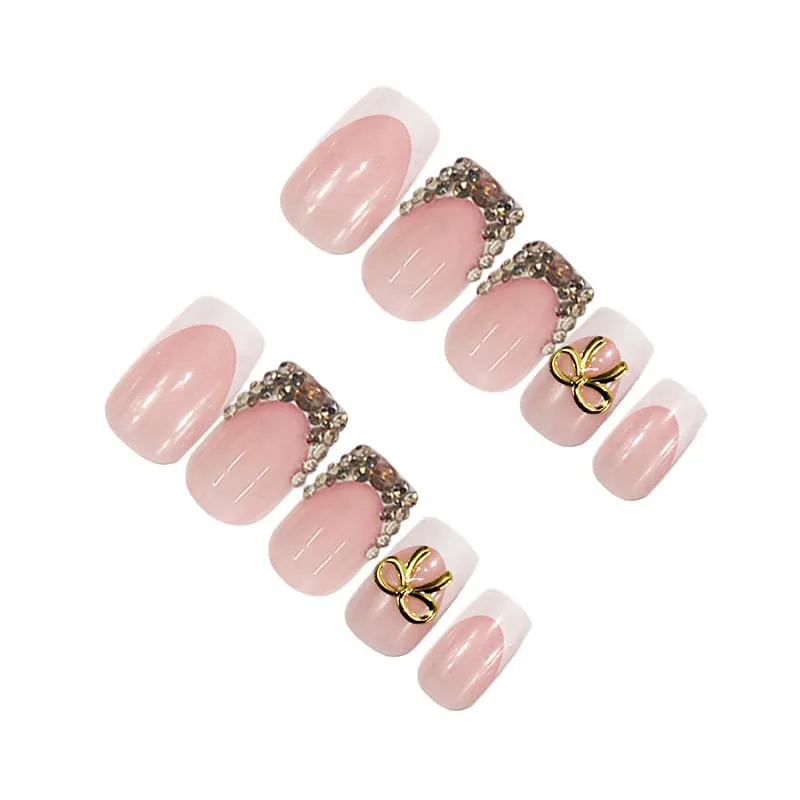 Nailhour 24Pcs French 3D Gilded Medium Square Press On Nails