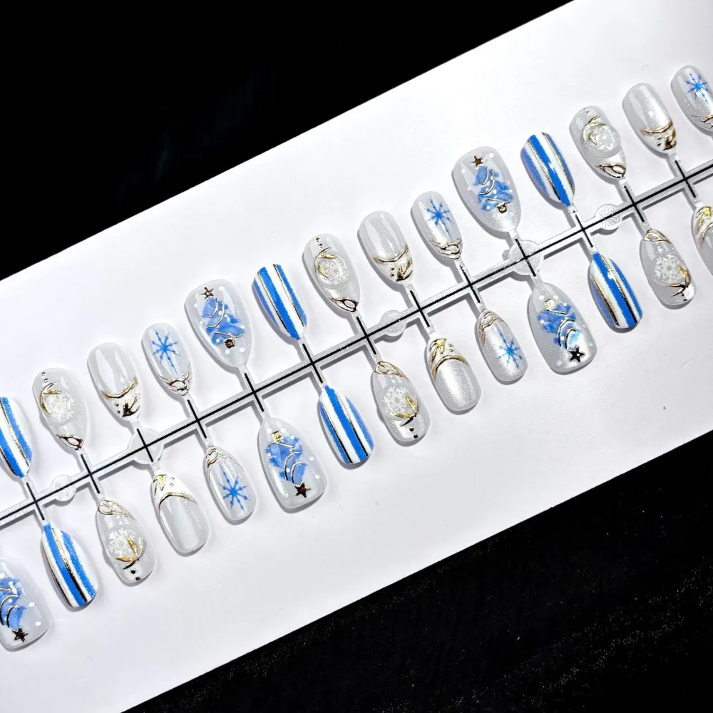Nailhour 30Pcs Christmas French Gilded 3D Short Almond Press On Nails