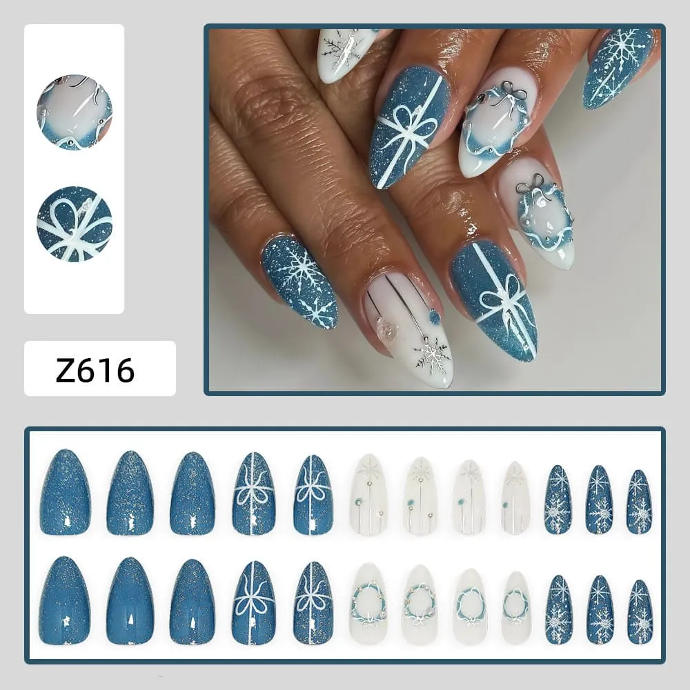Nailhour 24Pcs Christmas Blue Glitter Medium Almond French Press On Nails