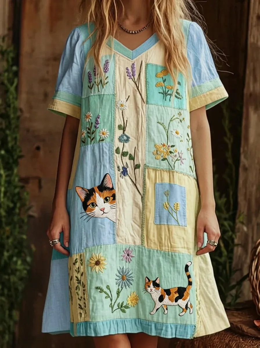 Women's Cat Lover Calico Cat Floral Patchwork Printed Cotton Linen Dress