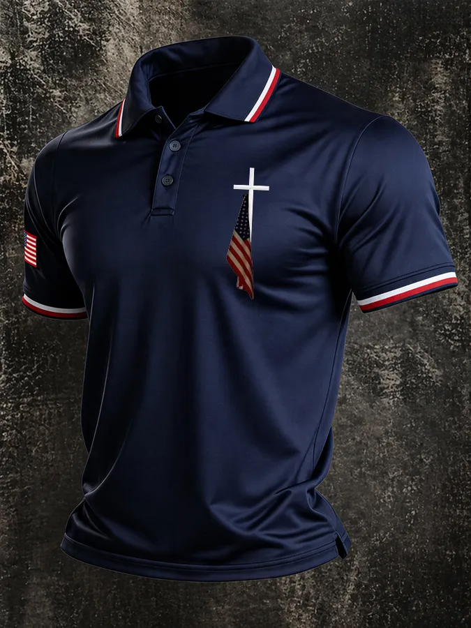 Men'S Cross Flag Print Casual Polo Shirt