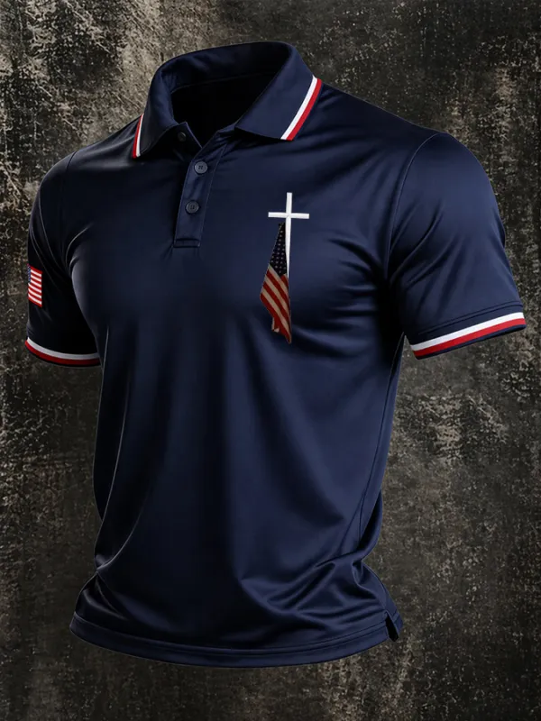 Men'S Cross Flag Print Casual Polo Shirt