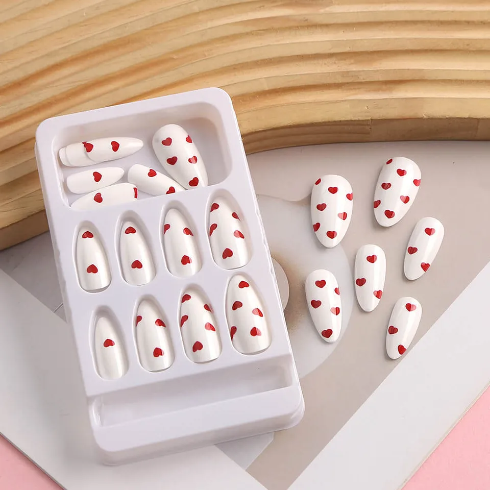 Nailhour 24Pcs Medium Almond French Heart Press On Nails