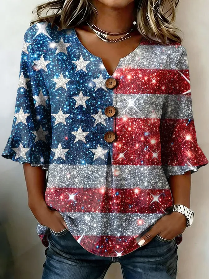 Women'S Casual American Flag Printed Top