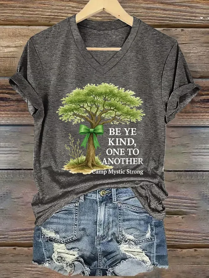 V-Neck Retro Texas Strong Green Bow Cross Print T-Shirt